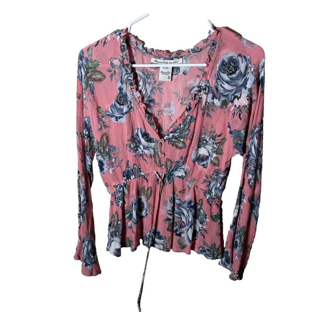 American Rag Cie Blouse Women's Small Floral Ruffle V-Neck Tie Casual Top - Picture 1 of 7